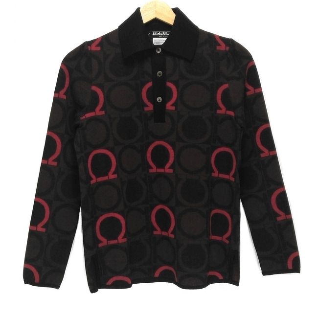 サルバトーレフェラガモ 長袖ポロシャツ サイズS レディース 黒 ダークブラウン レッド ニット ガンチーニ