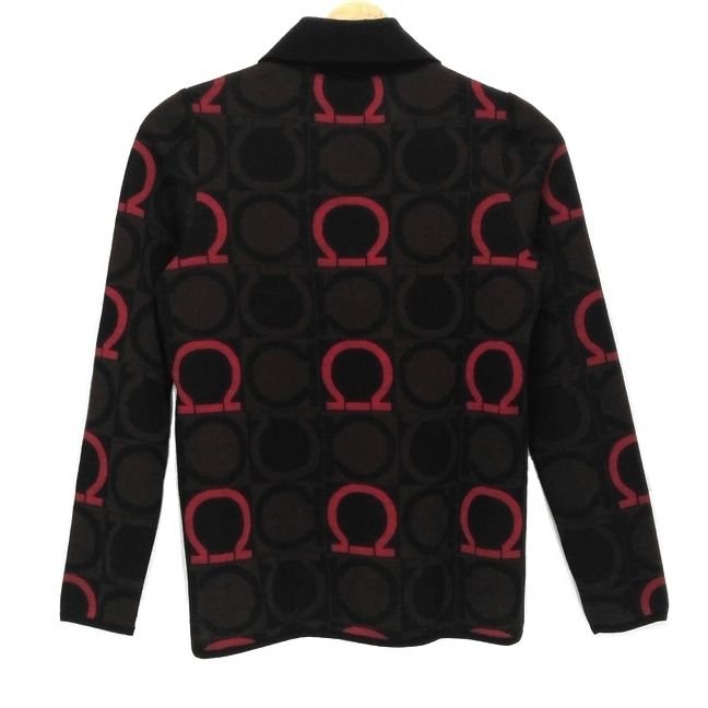 サルバトーレフェラガモ 長袖ポロシャツ サイズS レディース - 黒×ダークブラウン×レッド ニット ガンチーニ