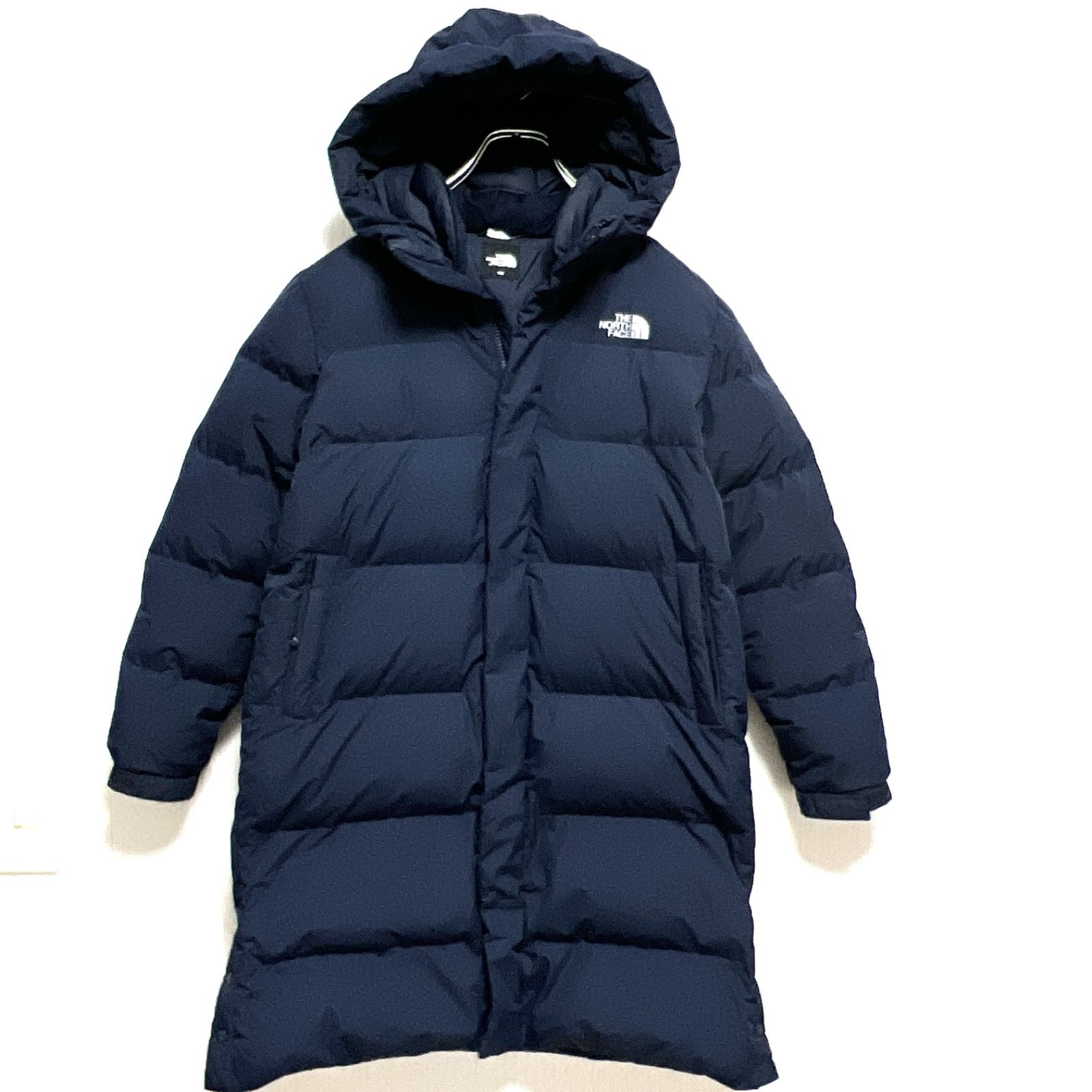 ノースフェイス ロングダウン キッズ150 ネイビー レディース可 防寒 アウター バックプリント