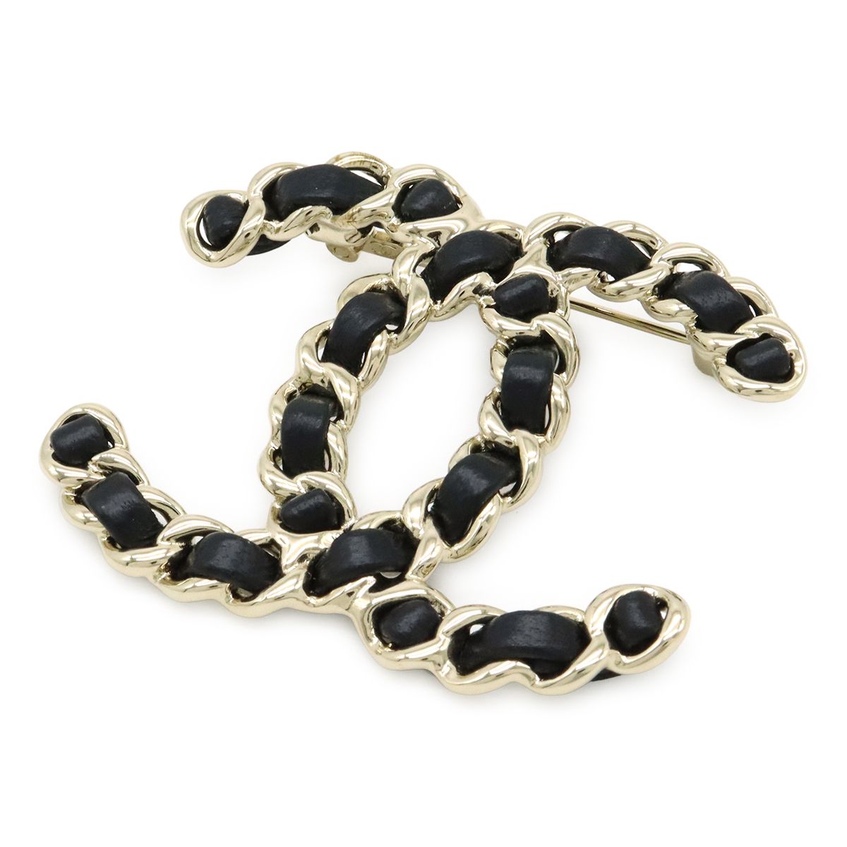 CHANEL シャネル ココマーク チェーン ブローチ レザー GP ブラック 黒 ゴールド B25C