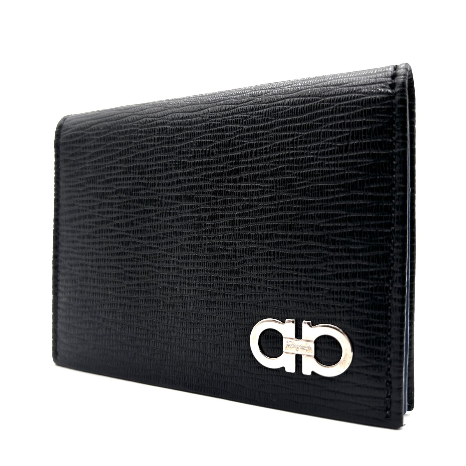 級 Salvatore Ferragamo サルヴァトーレフェラガモ カードケース ダブルガンチーニ シルバー金具 ロゴ刻印 レザー バイ ブラック ブルー 名刺入れ ビジネス