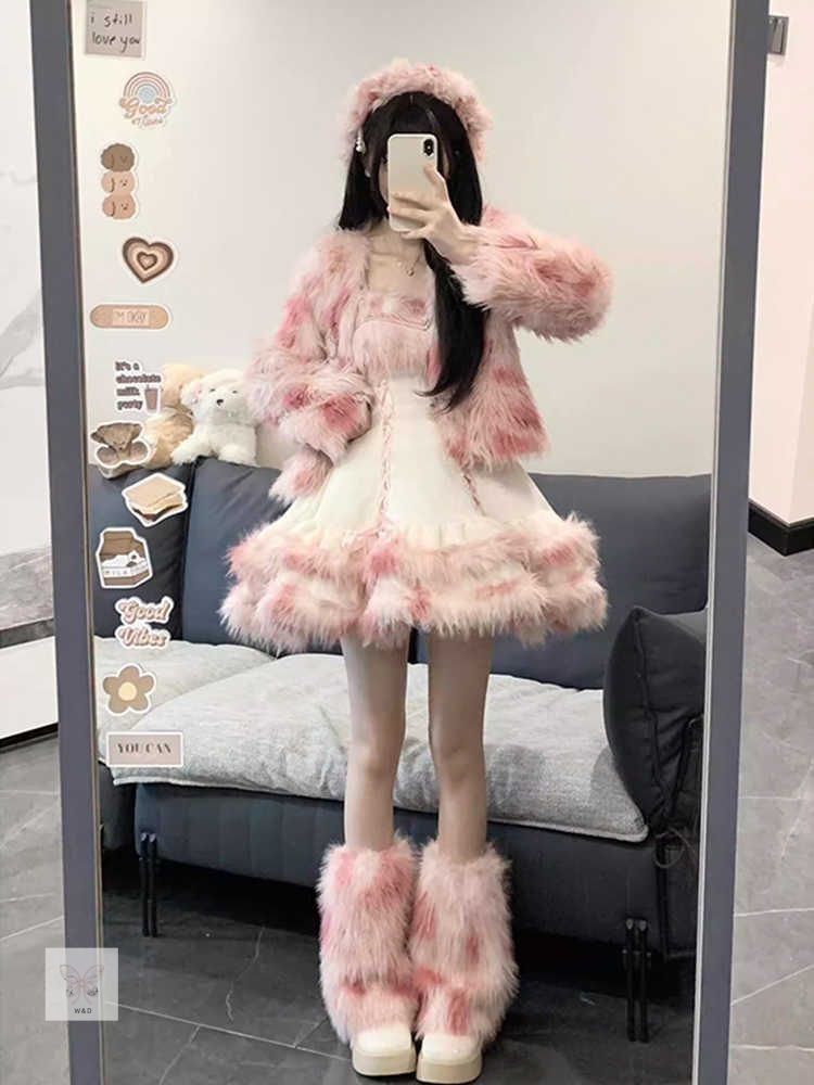 冬用ロリータセット ショートファーコート フリルスカート 甘い 少女 防寒 パーティー デート 冬の甘い夢を纏う少女の装い ふんわり温もりと優雅さを紡ぐ