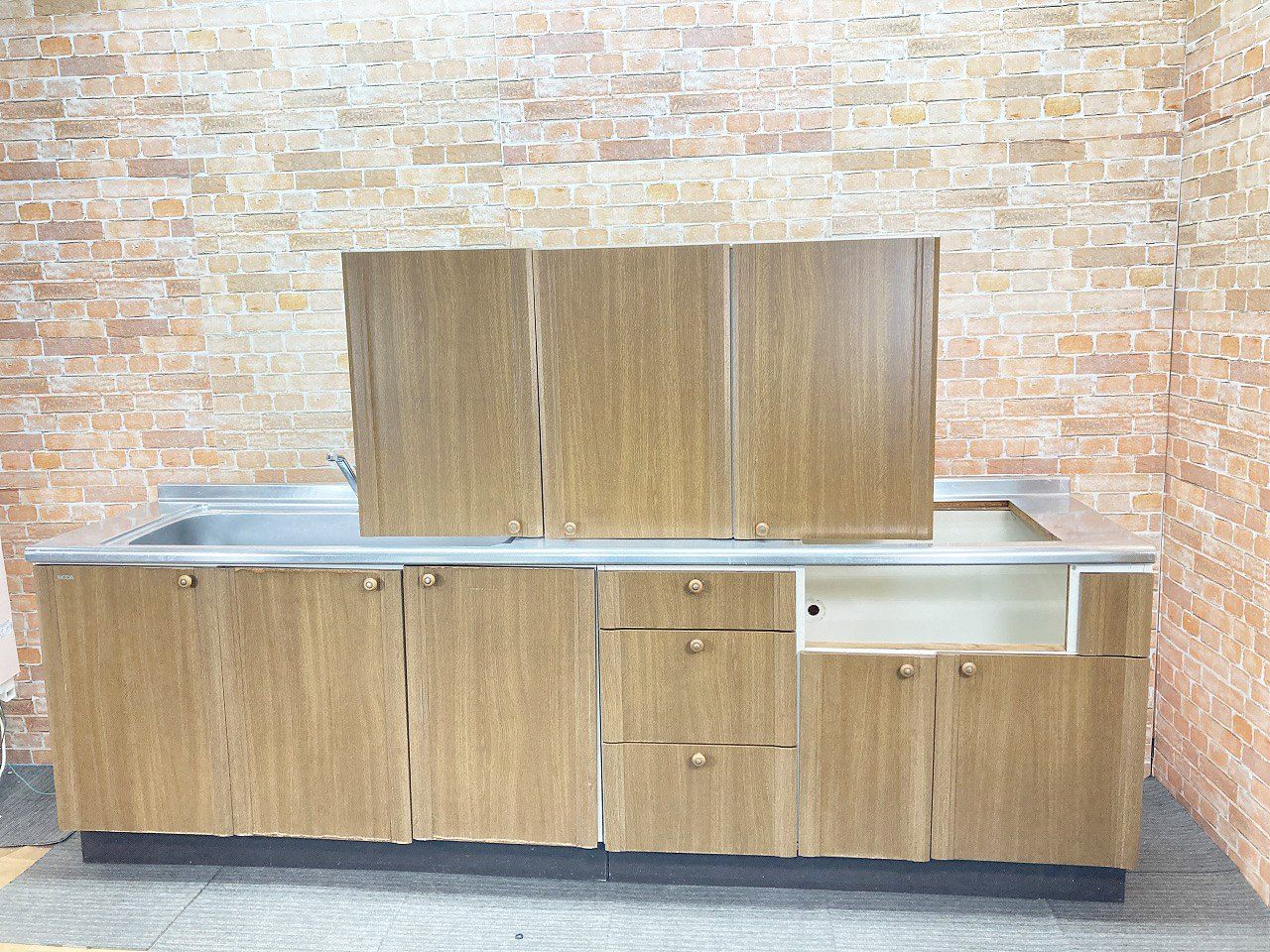 品 NODA ステンレス製 システムキッチン 混合水栓 流し台 調理台一体型 幅255cm 2550mm 吊戸棚とセット 木目 6J