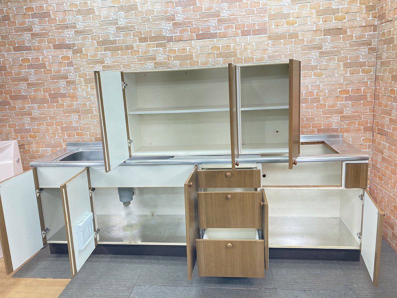 品 NODA ステンレス製 システムキッチン 混合水栓 流し台 調理台一体型 幅255cm 2550mm 吊戸棚とセット 木目 6J