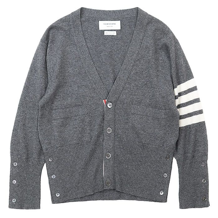 THOM BROWNE トムブラウン ニットカーディガン カシミヤ 4BARストライプ トリコロール グログラン ショートレングス タイトフィット Vネック トップス メンズ サイズ 1 グレー 灰色 スコットランド製
