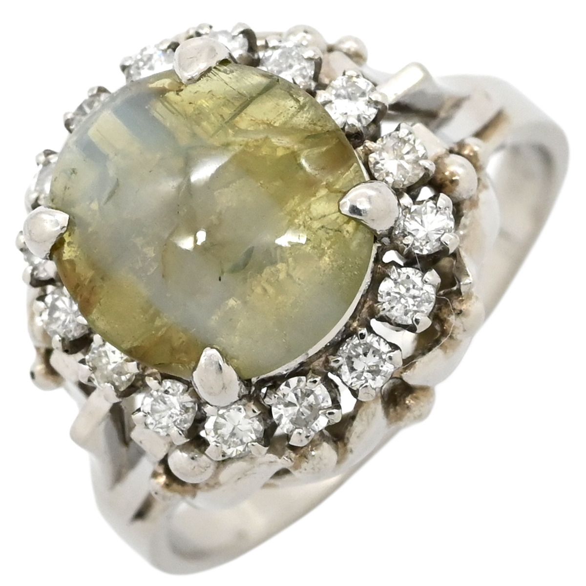 リング 指輪 キャッツアイ ダイヤリング Pt900 クリソベリルキャッツアイ ダイヤモンド プラチナシルバー 猫目石 15号