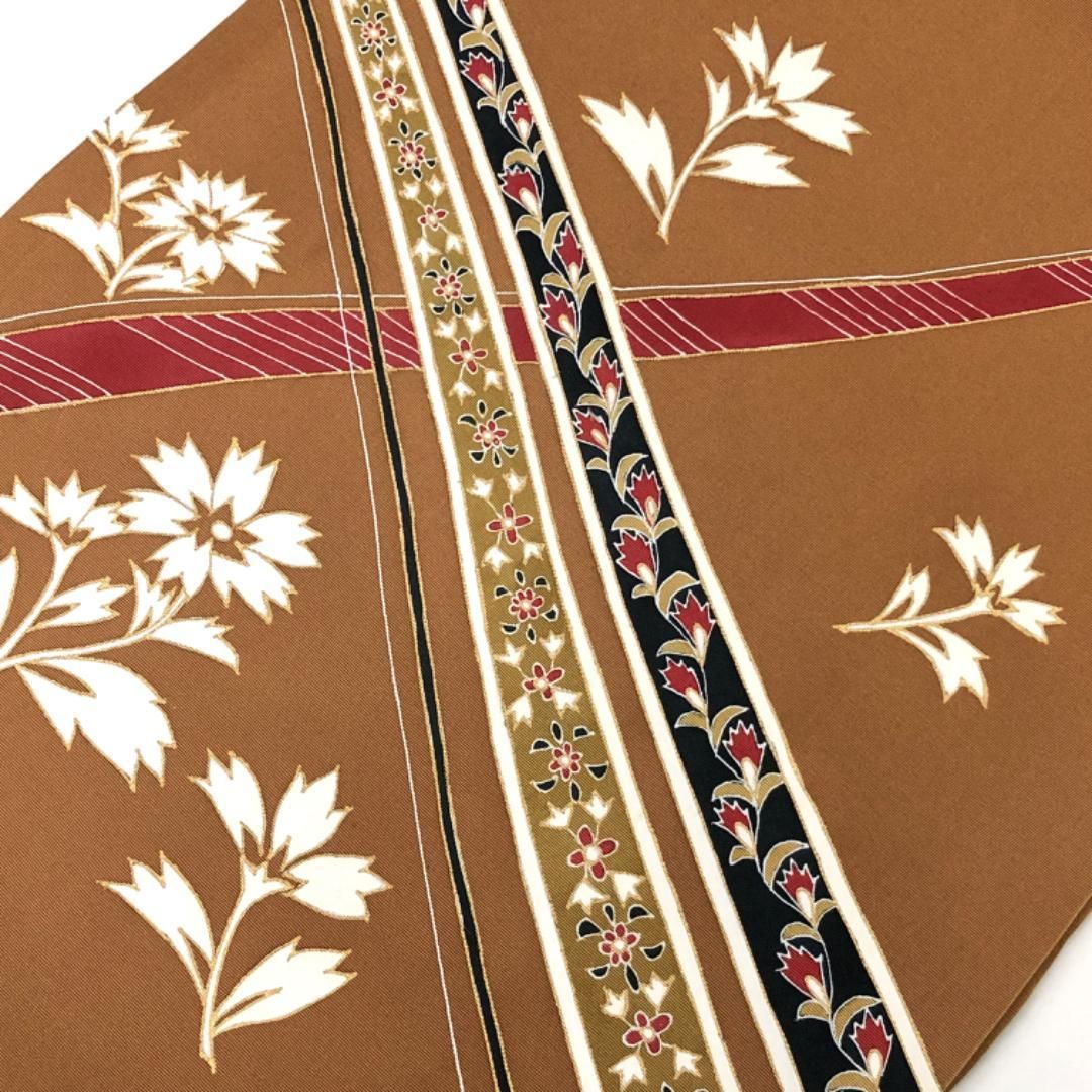 名古屋帯 塩瀬 花柄模様 金彩 琥珀色 O-5686