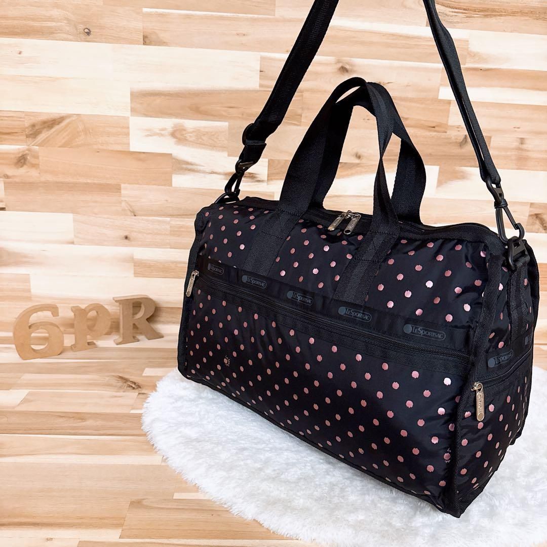 レスポートサック シャイニー ブラッシュ ドット ボストンバッグ 黒×ピンク 水玉 2way ショルダーバッグ 総柄 ブラック