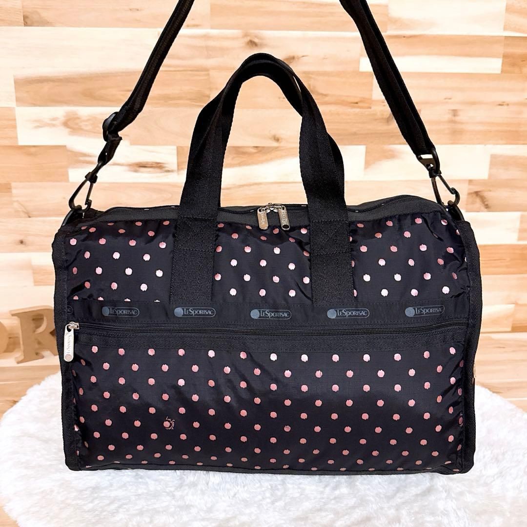 レスポートサック シャイニー ブラッシュ ドット ボストンバッグ 黒×ピンク 水玉 2way ショルダーバッグ 総柄 ブラック