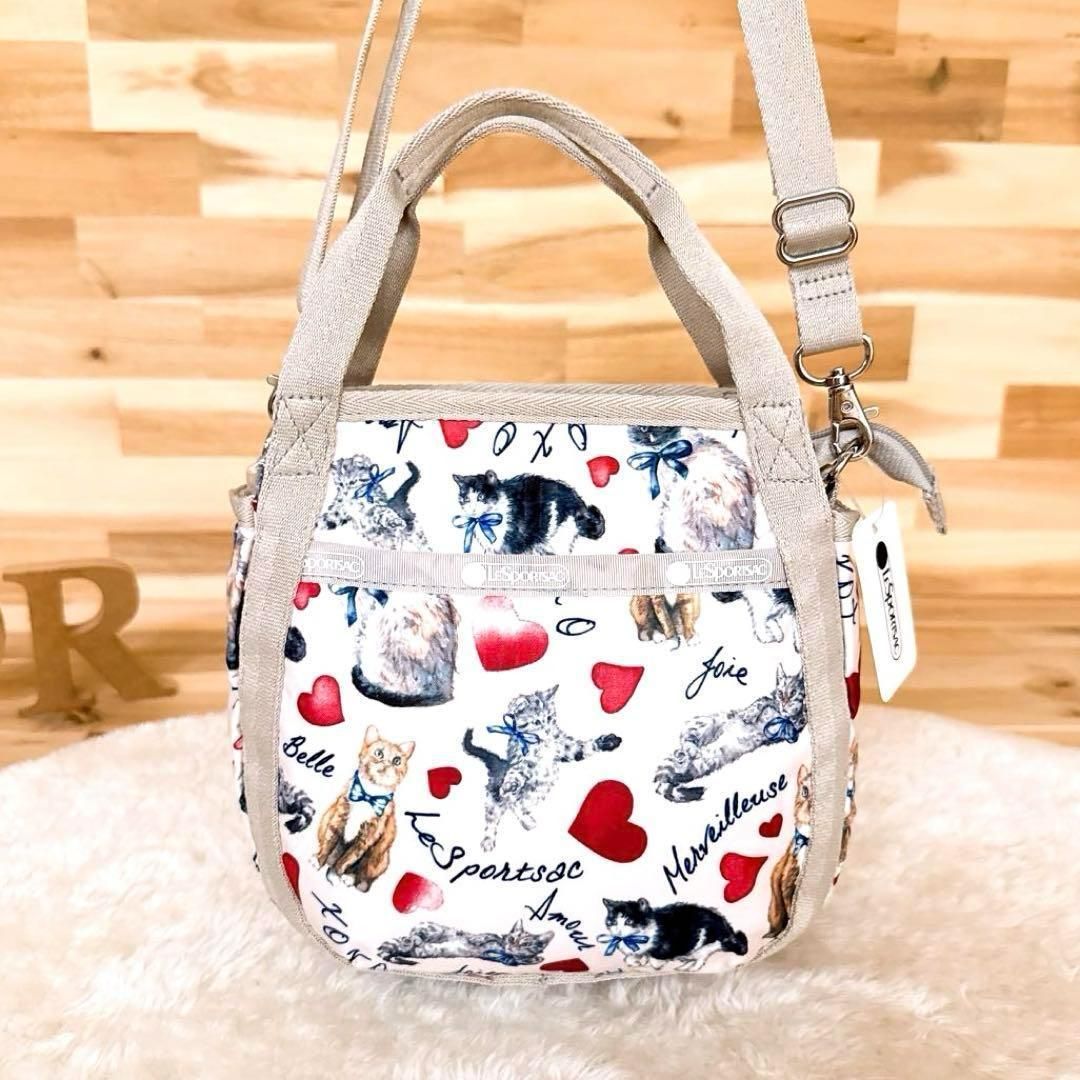 【レスポートサック】ネコ ハート ショルダーバッグ2wayトートバッグ ピンク 美品【レスポートサック】ねこ猫ちゃん ハート2wayショルダーバッグ