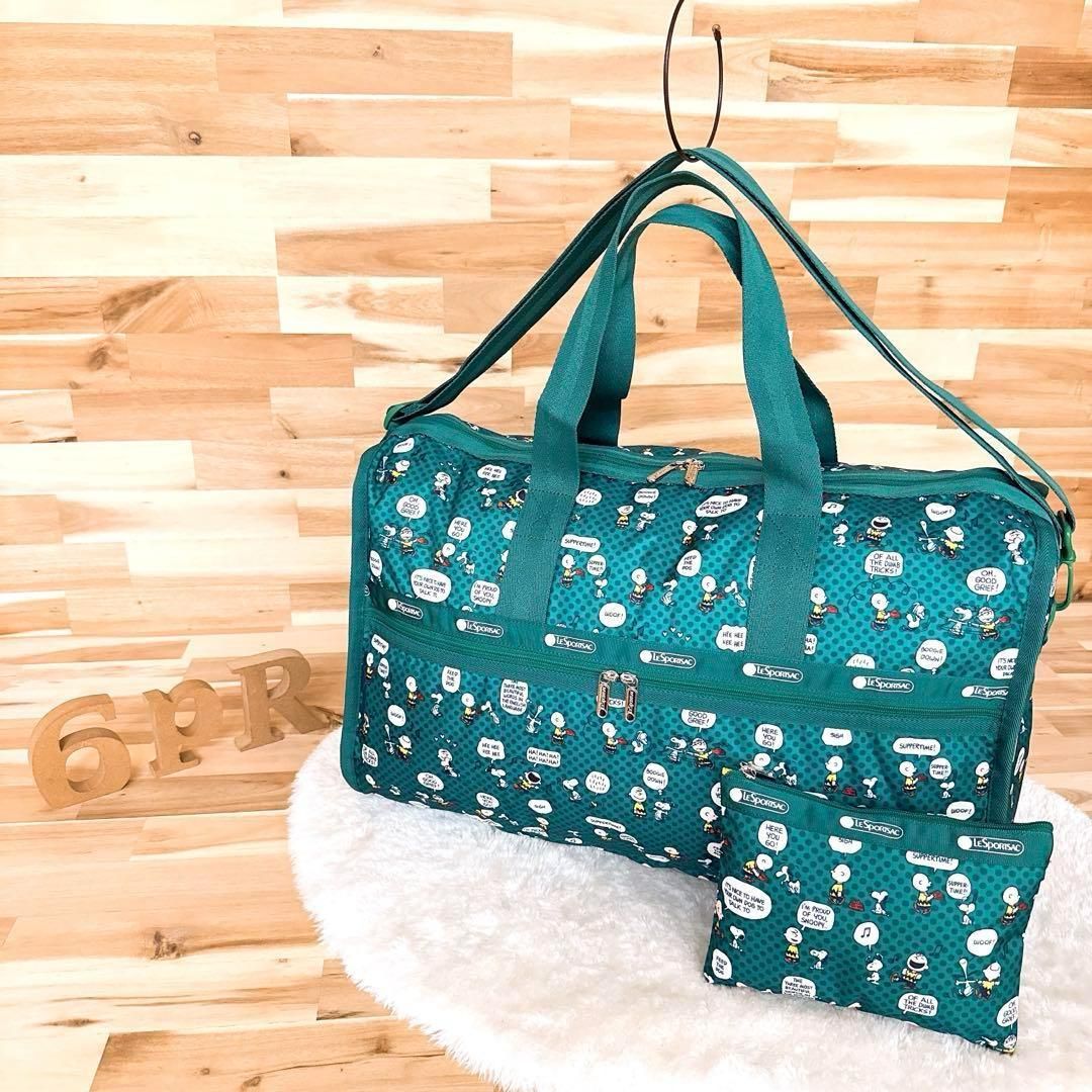 レスポートサック×スヌーピー コラボ 3wayボストンバッグ 緑×白 キャリーオン ショルダーバッグ ポーチ グリーン