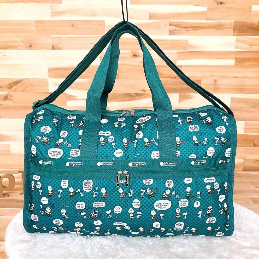 レスポートサック×スヌーピー コラボ 3wayボストンバッグ 緑×白 キャリーオン ショルダーバッグ ポーチ グリーン