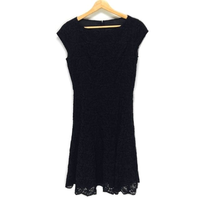 ANAYI アナイ ワンピース サイズ38 M レディース - ネイビー×黒 クルーネック 半袖 ひざ丈 レース フラワー 花