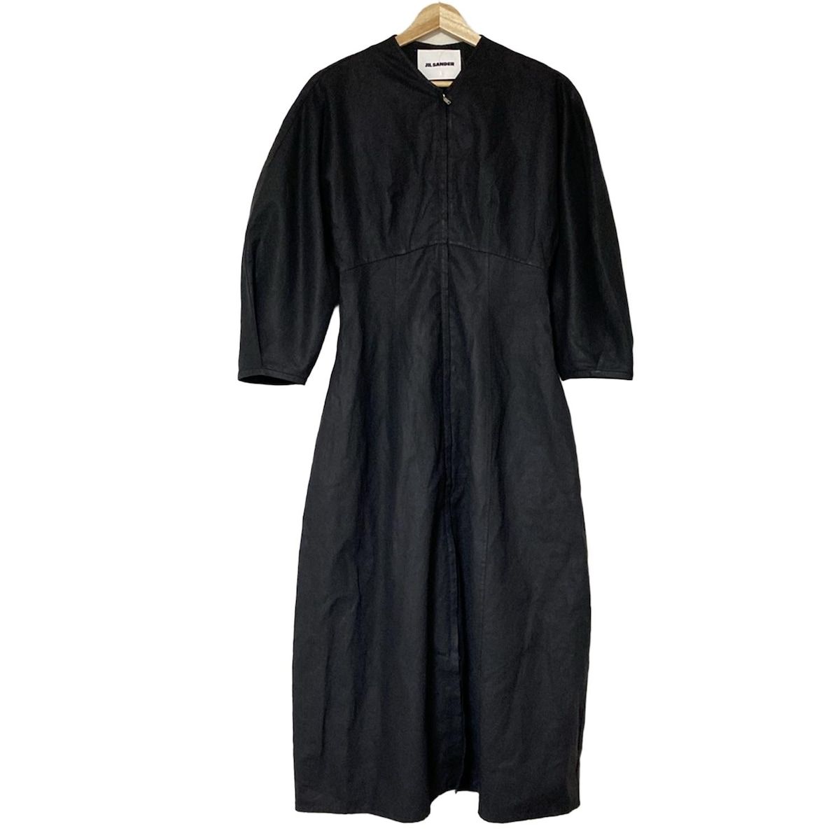 JILSANDER ジルサンダー ワンピース サイズ32 XS レディース - JSPS502206 黒 Vネック 七分袖 ロング 麻 前開きジップ