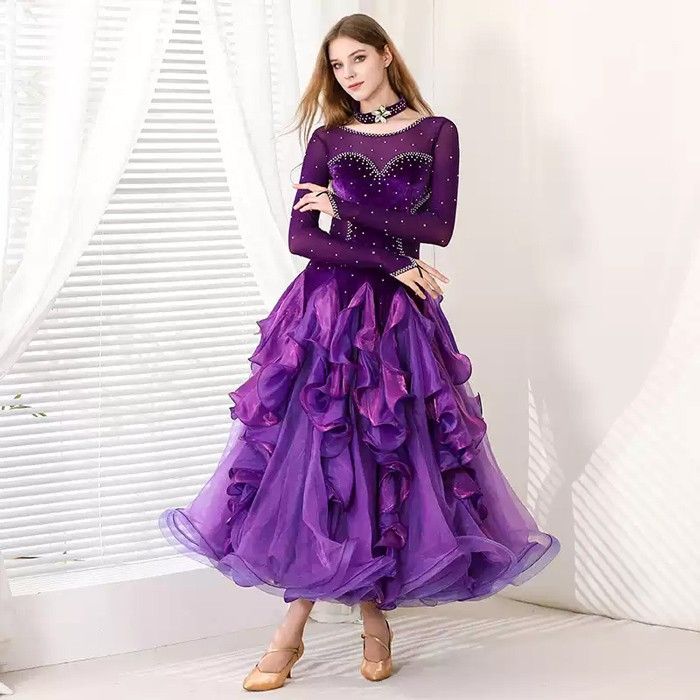 社交ダンス ドレス 社交ダンス衣装 長袖 練習着 広がる裾 発表会用 ワンピース パーティー レッスン着