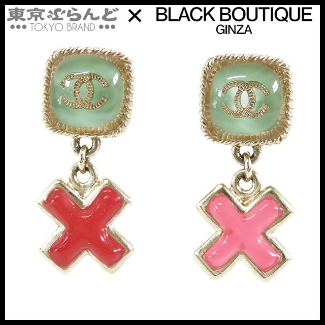 シャネル CHANEL ココマーク クロス ピアス ゴールドxグリーンxレッド メタル レジン 17S GP イヤリング レディース 001014120