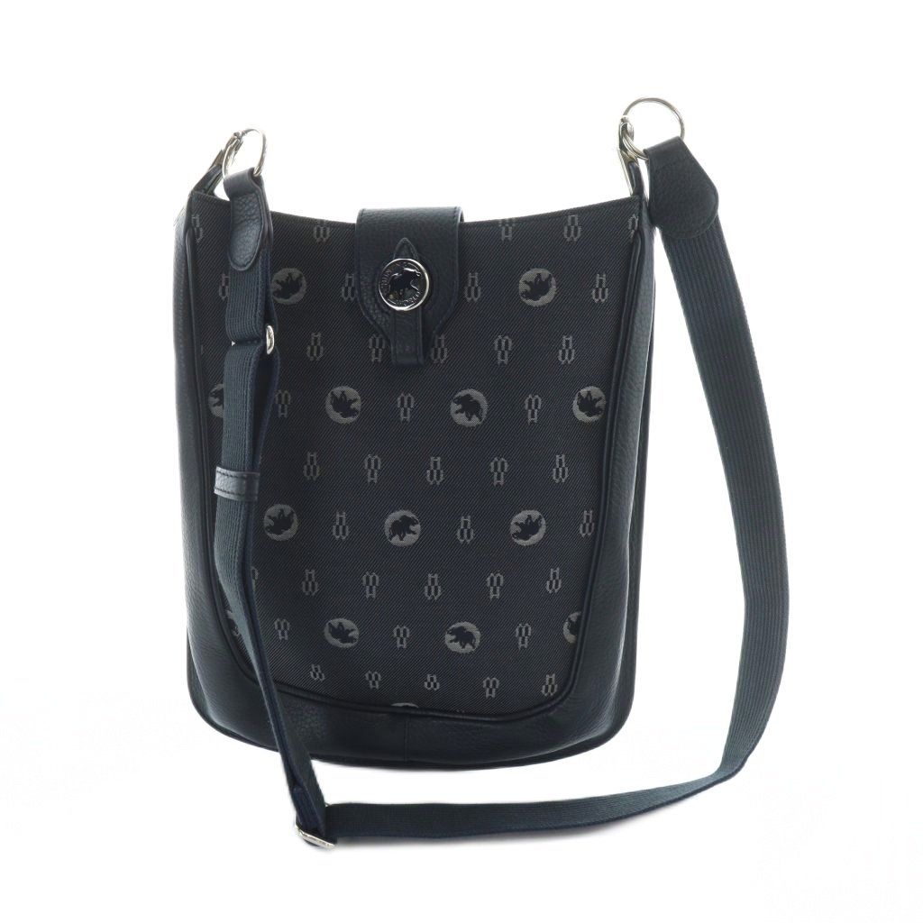 ハンティングワールド HUNTING WORLD ショルダーバッグ 斜めがけ ロゴ キャンバス レザー 総柄 紺 ネイビー GY11 MQ