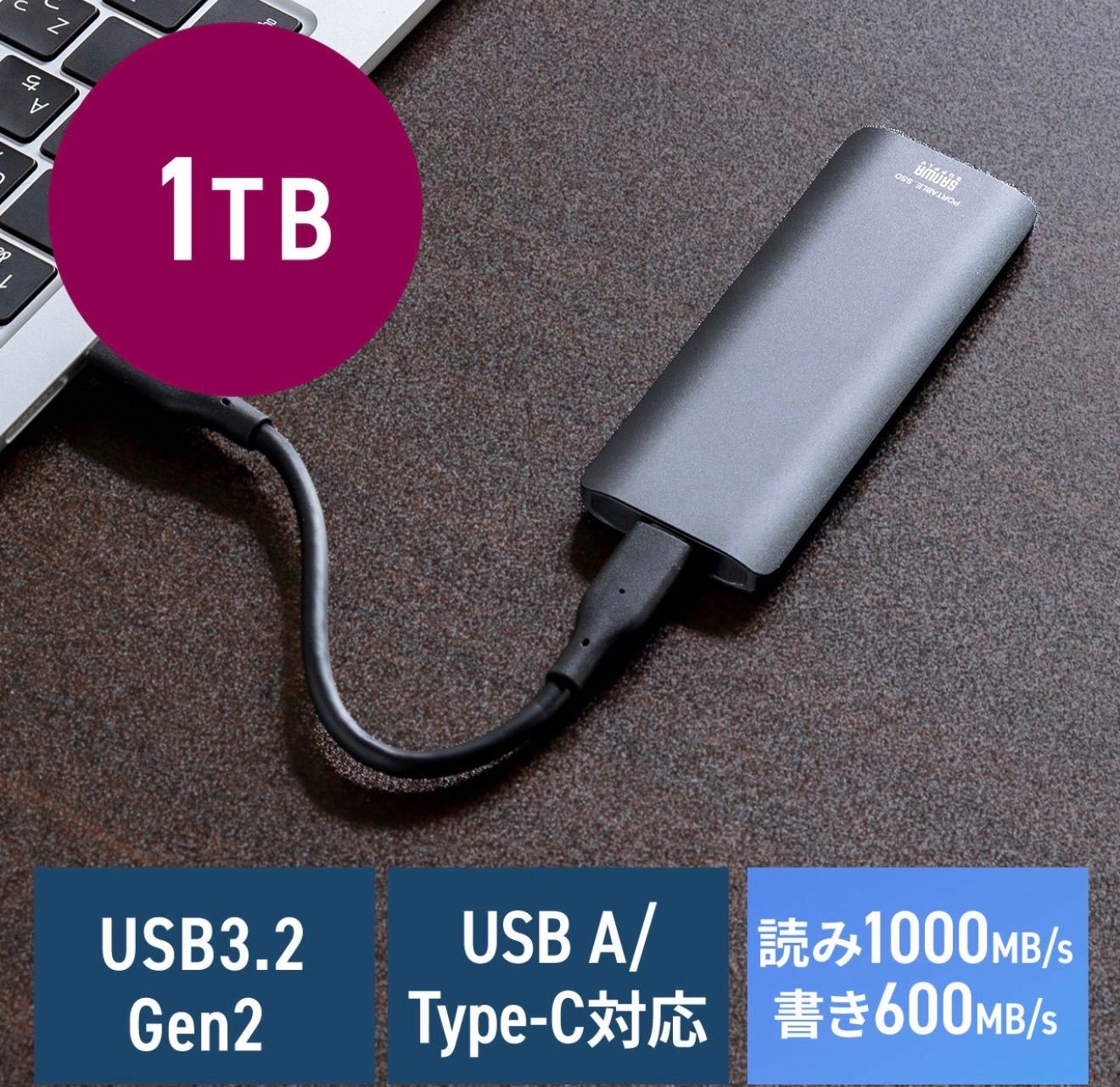 ポータブルSSD サンワサプライ 外付け USB3.2 Gen2 1TB 読み込み1000MB s 小型 テレビ録画 PS5 PS4 600-USSDL1TB