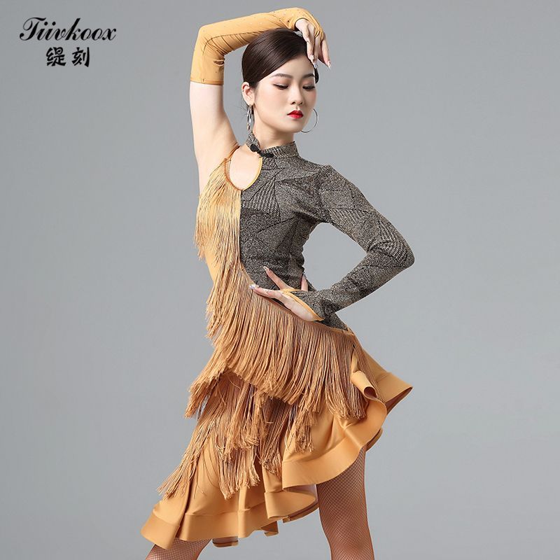 ラテンダンス衣装 フリンジワンピース 宝藍 ゴールド ステージ用 競技用 大人女性用 7008