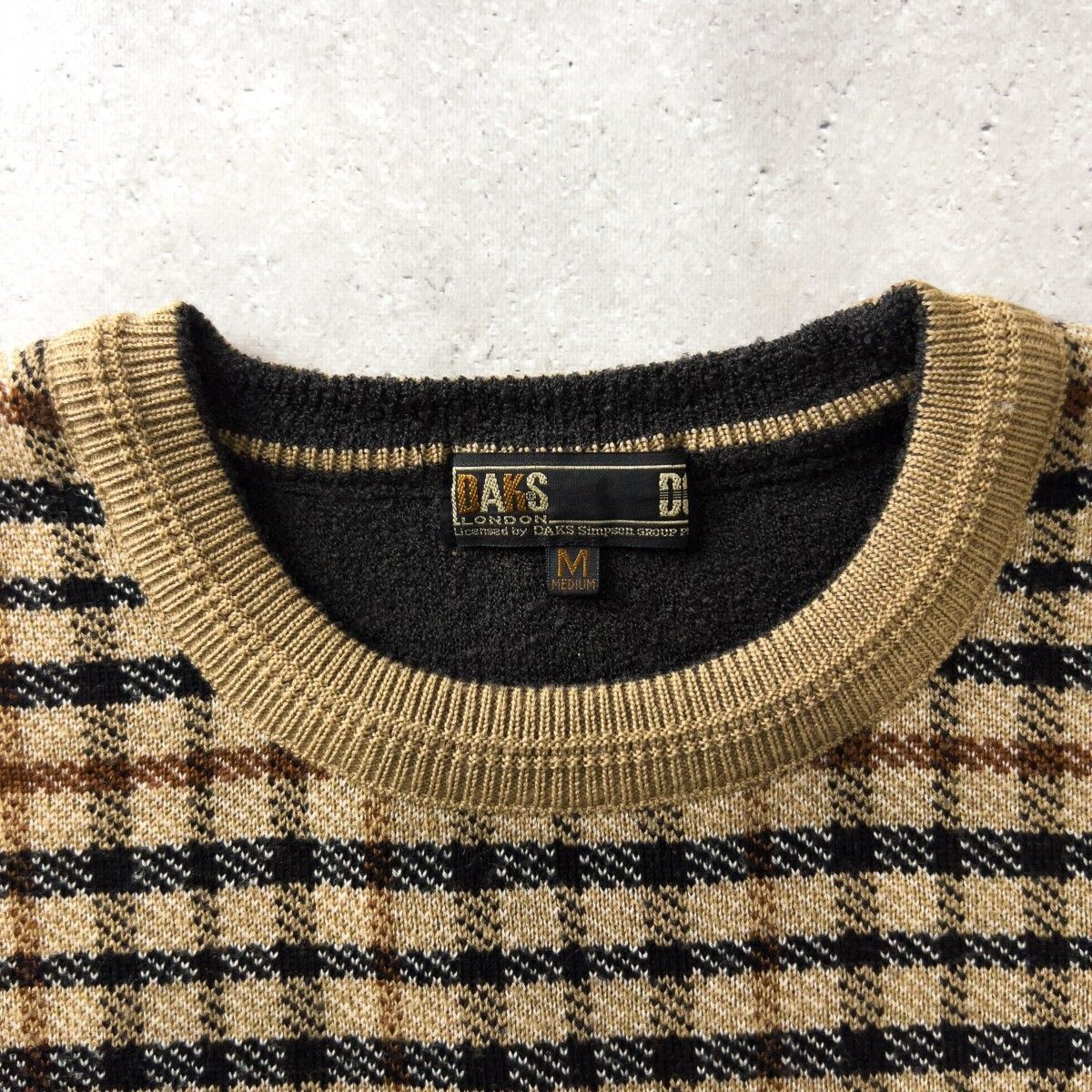 DAKS GOLF ダックス ゴルフ 長袖 ウール ニット セーター メンズ M ベージュ チェック柄 上質 ゴルフウェア トップス LLC-HASEGAWATOSO_COM