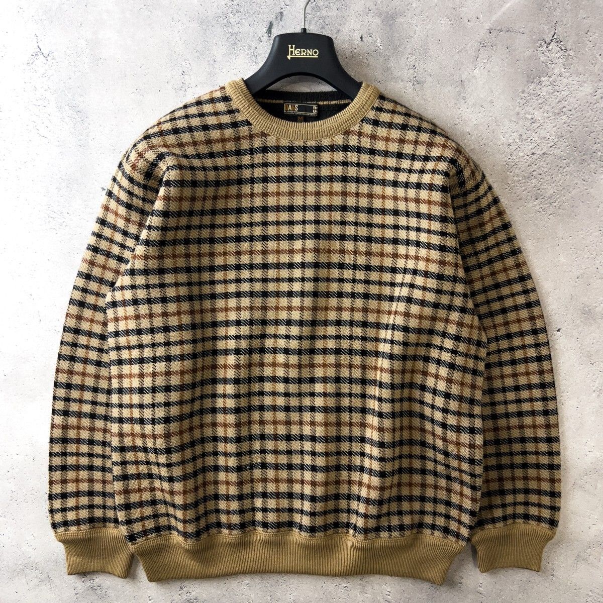 DAKS GOLF ダックス ゴルフ 長袖 ウール ニット セーター メンズ M ベージュ チェック柄 上質 ゴルフウェア トップス