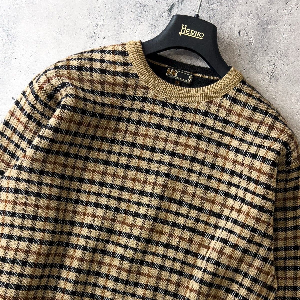 DAKS GOLF ダックス ゴルフ 長袖 ウール ニット セーター メンズ M ベージュ チェック柄 上質 ゴルフウェア トップス