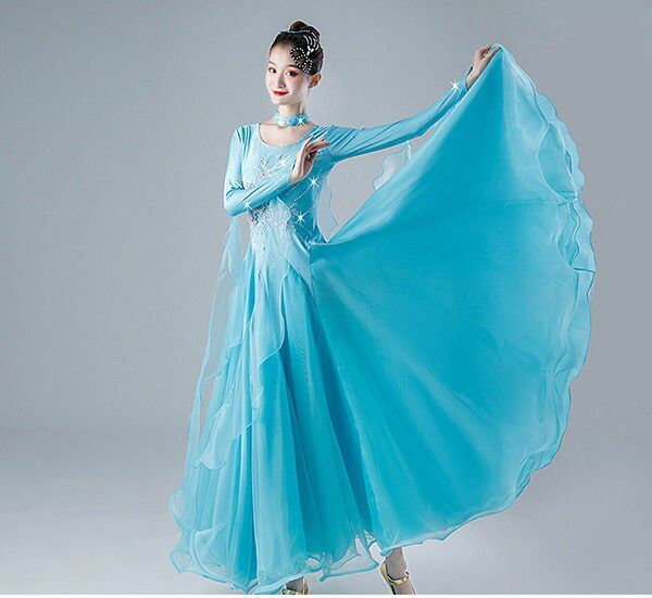 社交ダンス ドレス レディース 長袖 ワルツ フロート付き ロング丈 ワンピース キラキラ 競技用 衣装 発表会