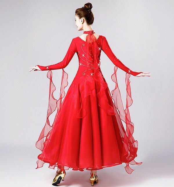 社交ダンス ドレス レディース 長袖 ワルツ フロート付き ロング丈 ワンピース キラキラ 競技用 衣装 発表会 LLC-HASEGAWATOSO_COM