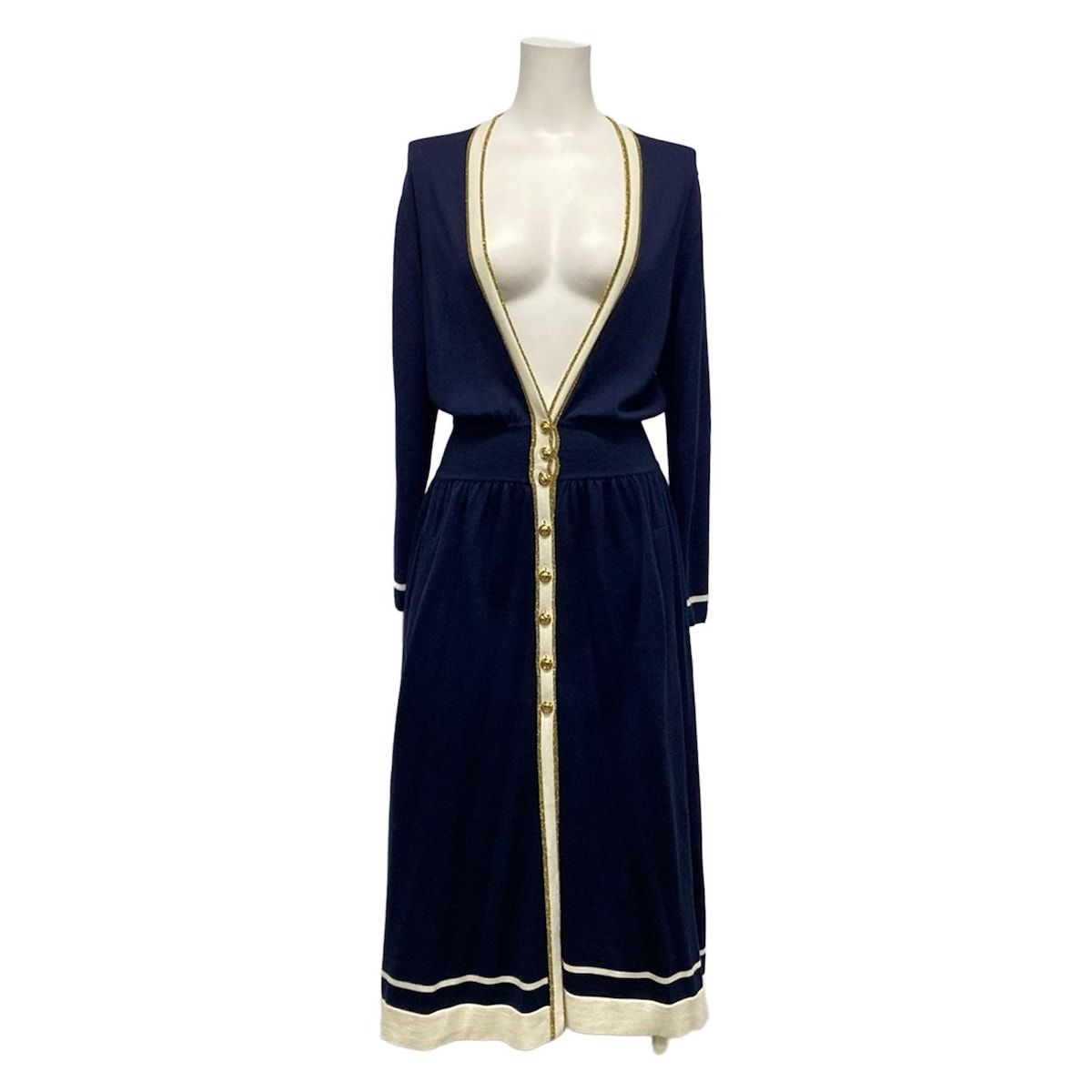 GUCCI グッチ ワンピース サイズS レディース - 713541 ダークネイビー×アイボリー×ゴールド 長袖 マキシ丈 ウール