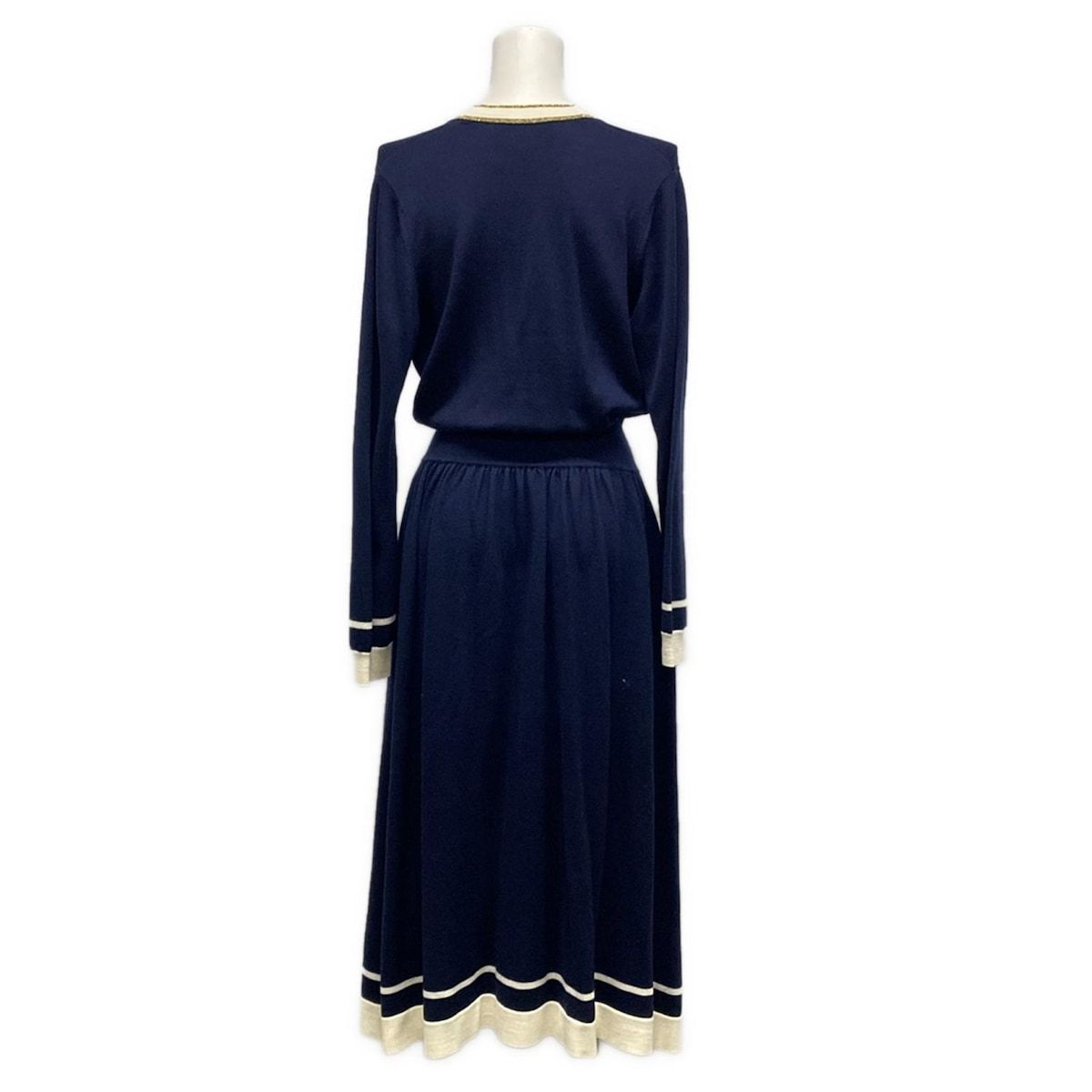 GUCCI グッチ ワンピース サイズS レディース - 713541 ダークネイビー×アイボリー×ゴールド 長袖 マキシ丈 ウール