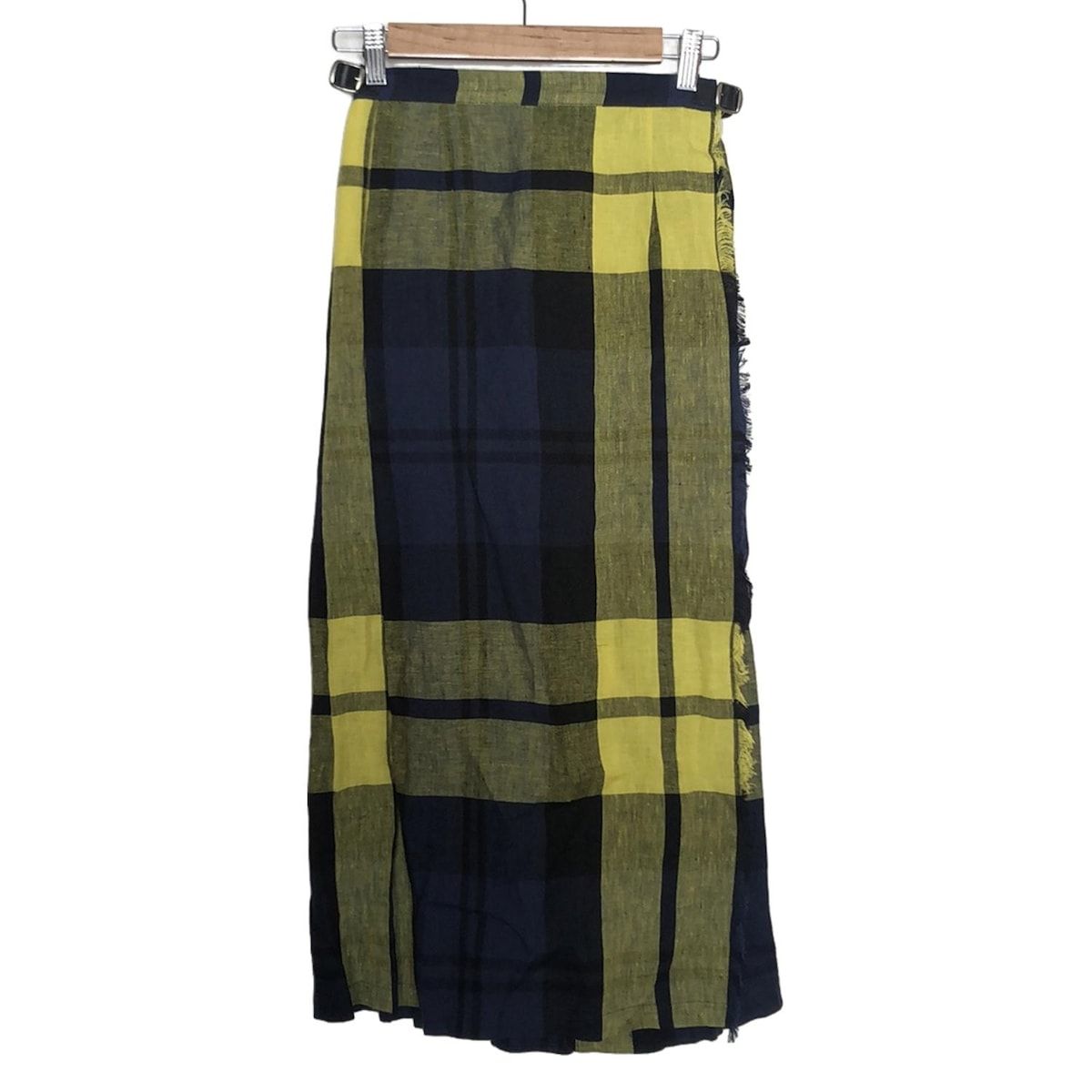 オニールオブダブリン 巻きスカート サイズ42 L レディース - イエロー×ダークネイビー×黒 ロング チェック柄 プリーツ