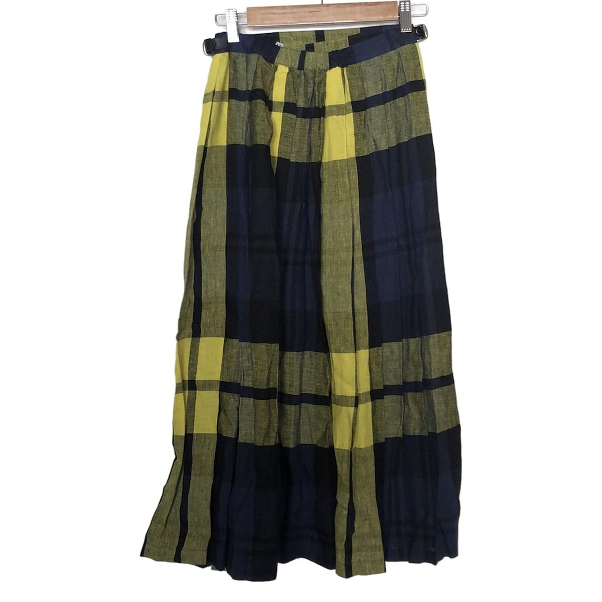オニールオブダブリン 巻きスカート サイズ42 L レディース - イエロー×ダークネイビー×黒 ロング チェック柄 プリーツ
