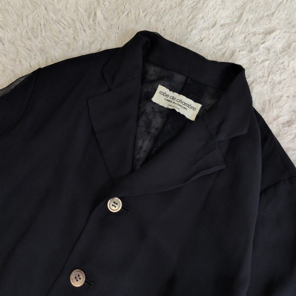 激 robe de chambre COMME des GARCONS ローブデシャンブルコムデギャルソン フラワーレース刺繍 シアーブラウス ネイビー AD 1996 シアー シースルー 透け感 花柄 シャツ 長袖