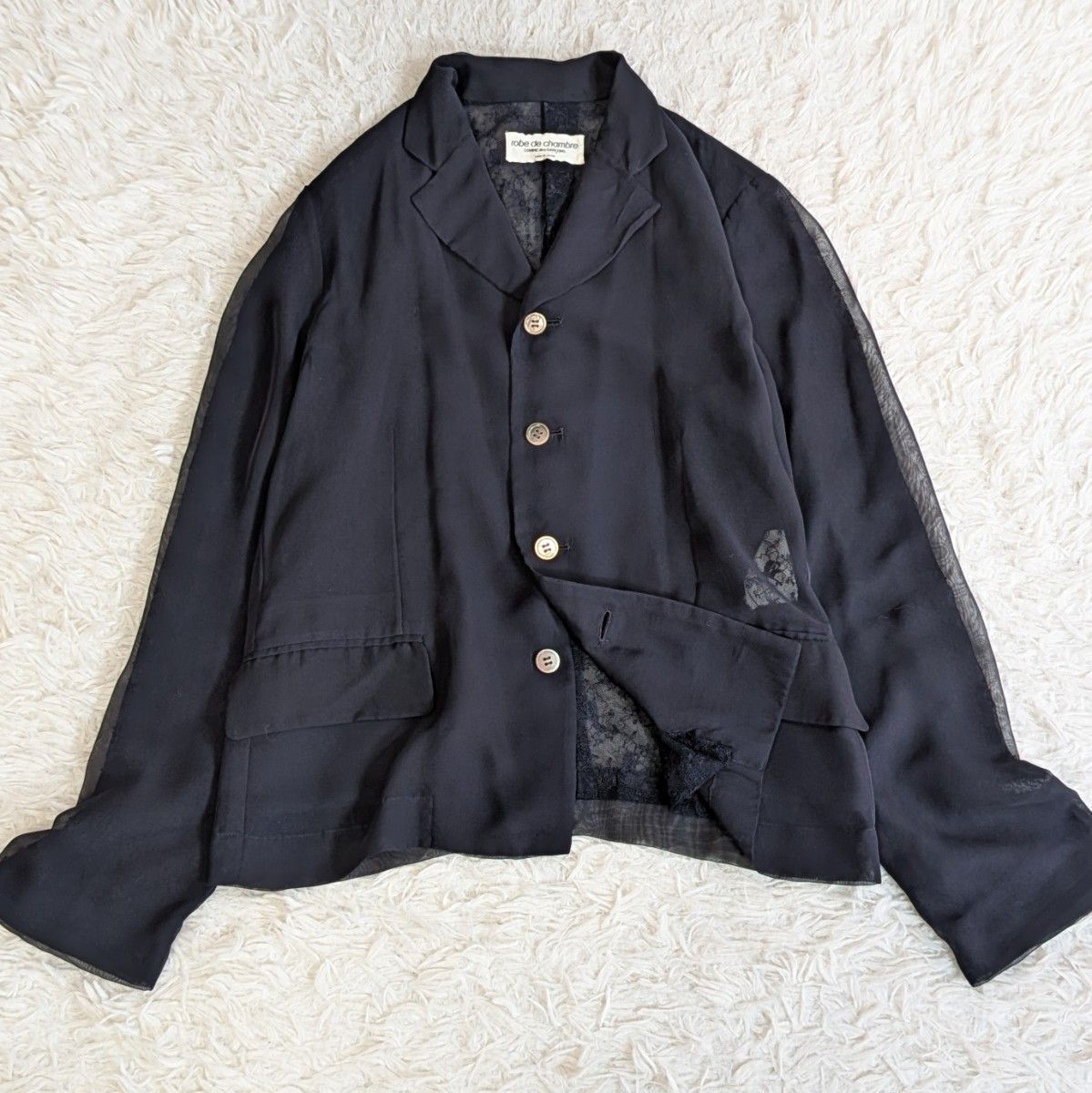 激 robe de chambre COMME des GARCONS ローブデシャンブルコムデギャルソン フラワーレース刺繍 シアーブラウス ネイビー AD1996 シアー シースルー 透け感 花柄 シャツ 長袖