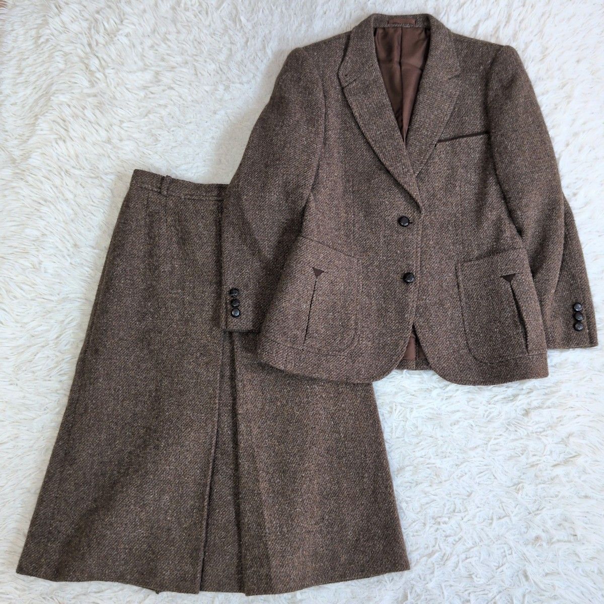 バーバリー BURBERRY ウール スカートセットアップ ブラウン 大きいサイズ 13号 ヴィンテージ XL相当 シングル 2ボタン 参照紹介 ビンテージ ビジネス