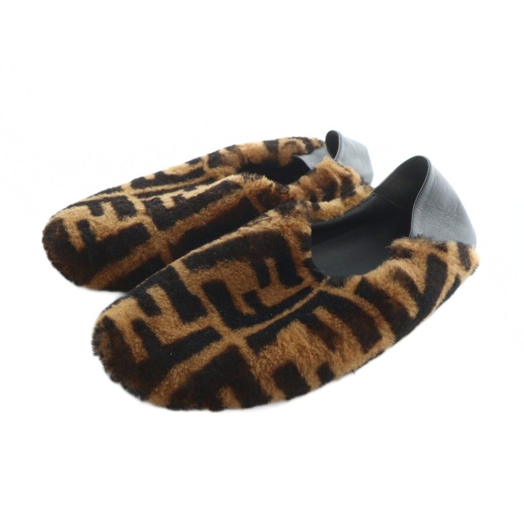 フェンディ FENDI ルームスリッパ シューズ スリッポン ファー ズッカ ロゴ 総柄 36 23cm 茶 ブラウン GY01 MQ OH