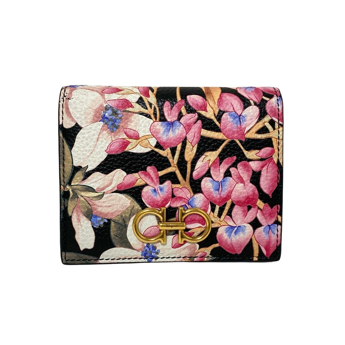 FERRAGAMO SalvatoreFerragamo サルバトーレフェラガモ 2つ折り財布 ガンチーニ 黒×ピンク×マルチ 花柄 レザー