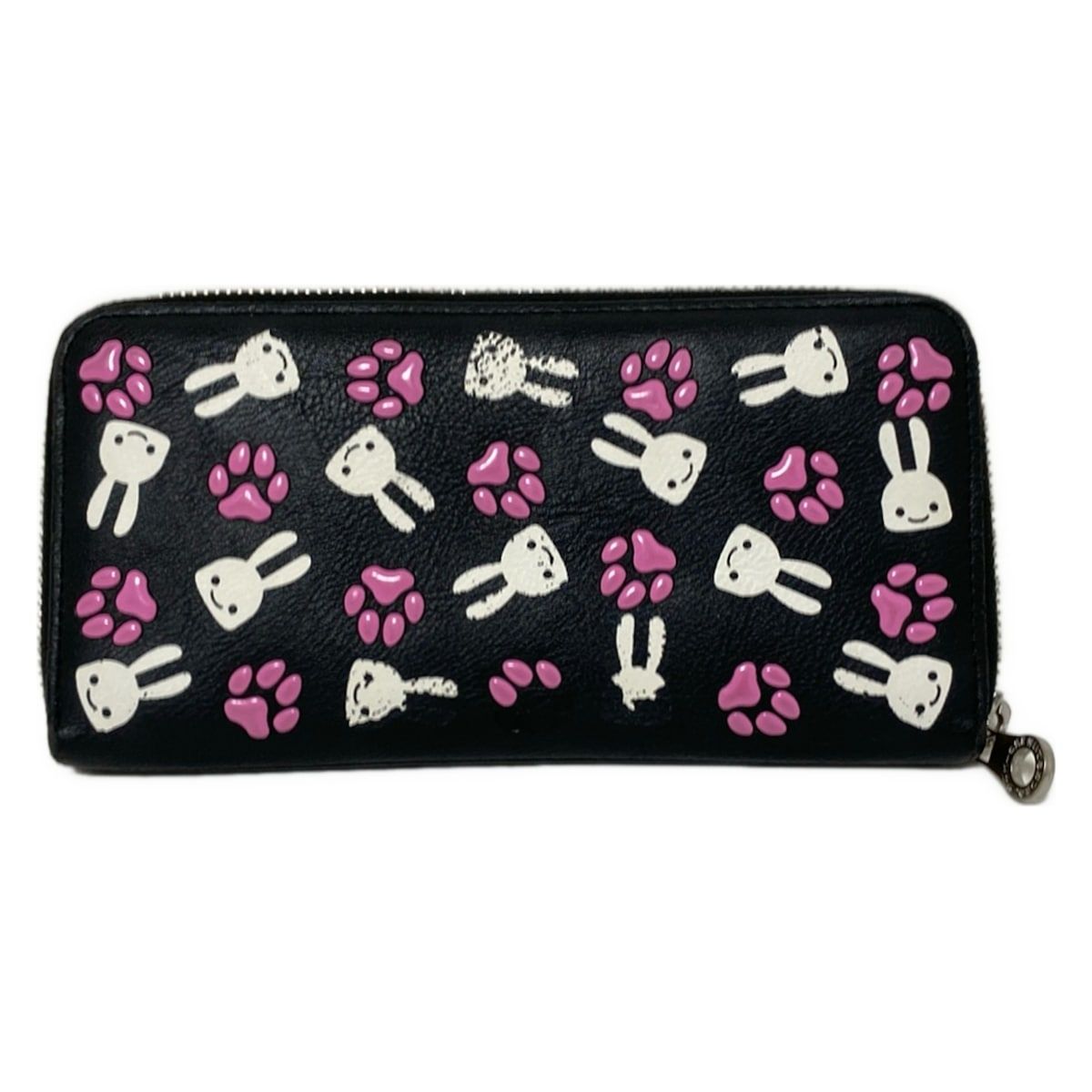 CUNE キューン 長財布 黒×白×ピンク ラウンドファスナー ウサギ 肉球