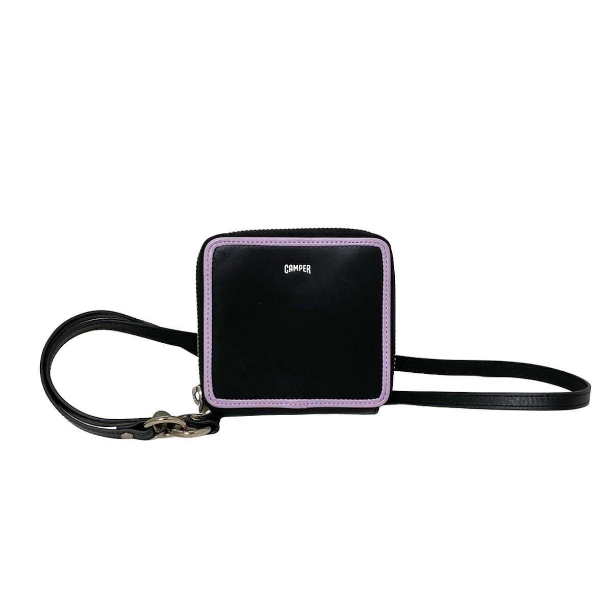 CAMPER カンペール コインケース - 黒×ライトパープル ラウンドファスナー キーリング付き レザー