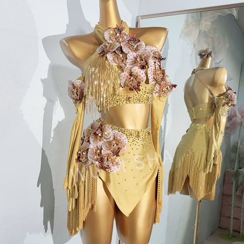 ラテンダンス衣装 金色 花飾り付き フリンジドレス 豪華ステージ衣装 発表会用 競技用 大人〜子供対応