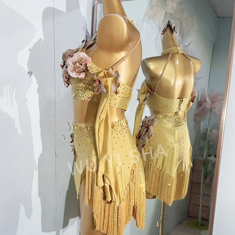 ラテンダンス衣装 金色 花飾り付き フリンジドレス 豪華ステージ衣装 発表会用 競技用 大人〜子供対応