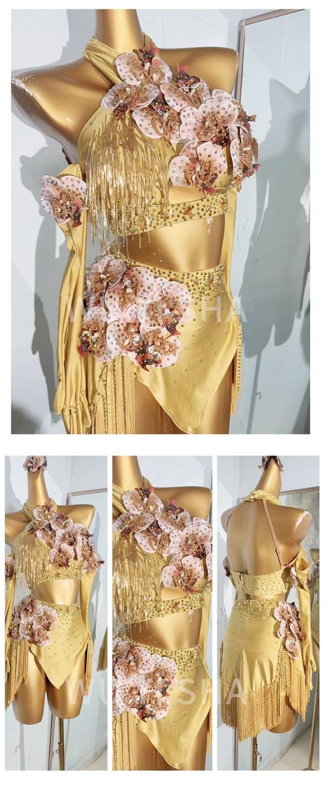 ラテンダンス衣装 金色 花飾り付き フリンジドレス 豪華ステージ衣装 発表会用 競技用 大人〜子供対応 LLC-HASEGAWATOSO_COM