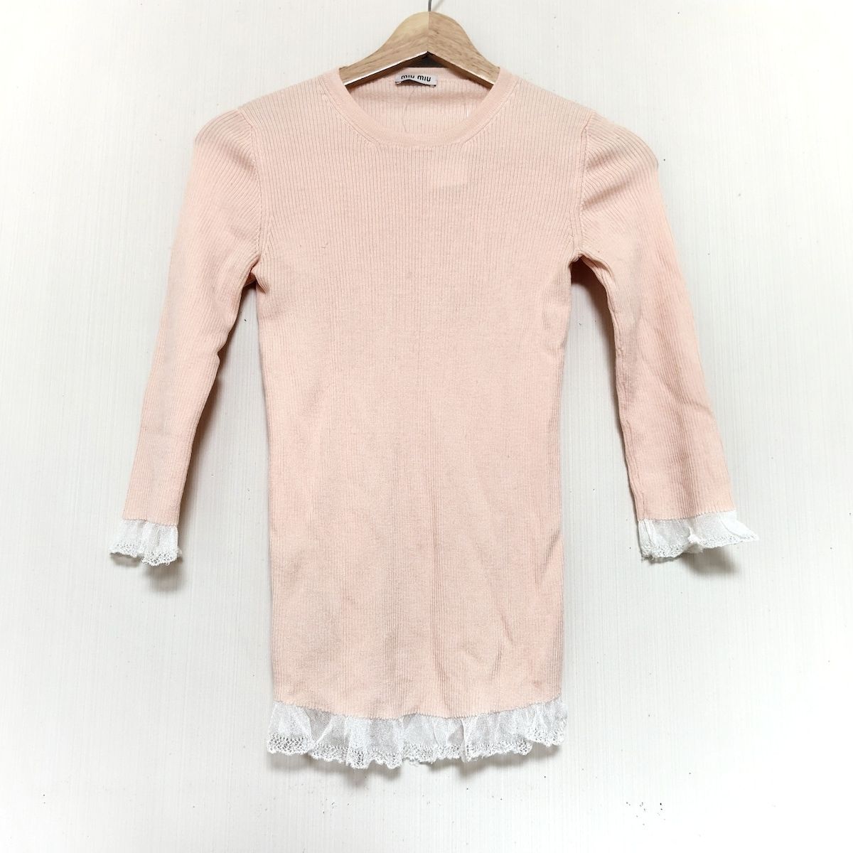 miumiu ミュウミュウ 七分袖カットソー サイズ38 S レディース ライトピンク 白 レース