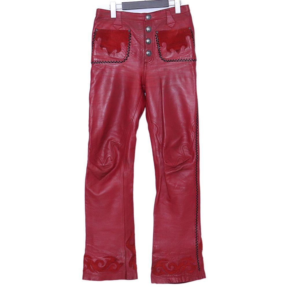 SKKIN FX レザー編込スエード切替ファイヤーパターンパンツ Mサイズ レッド