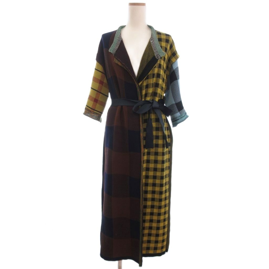 トーガ プルラ TOGA PULLA チェック ロング カーディガン ニット 五分袖 コットン マルチ 36 S位