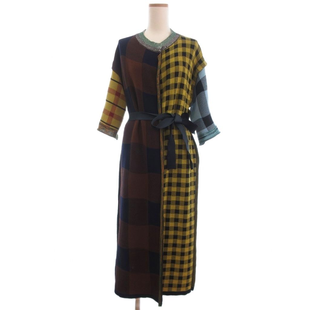 トーガ プルラ TOGA PULLA チェック ロング カーディガン ニット 五分袖 コットン マルチ 36 S位