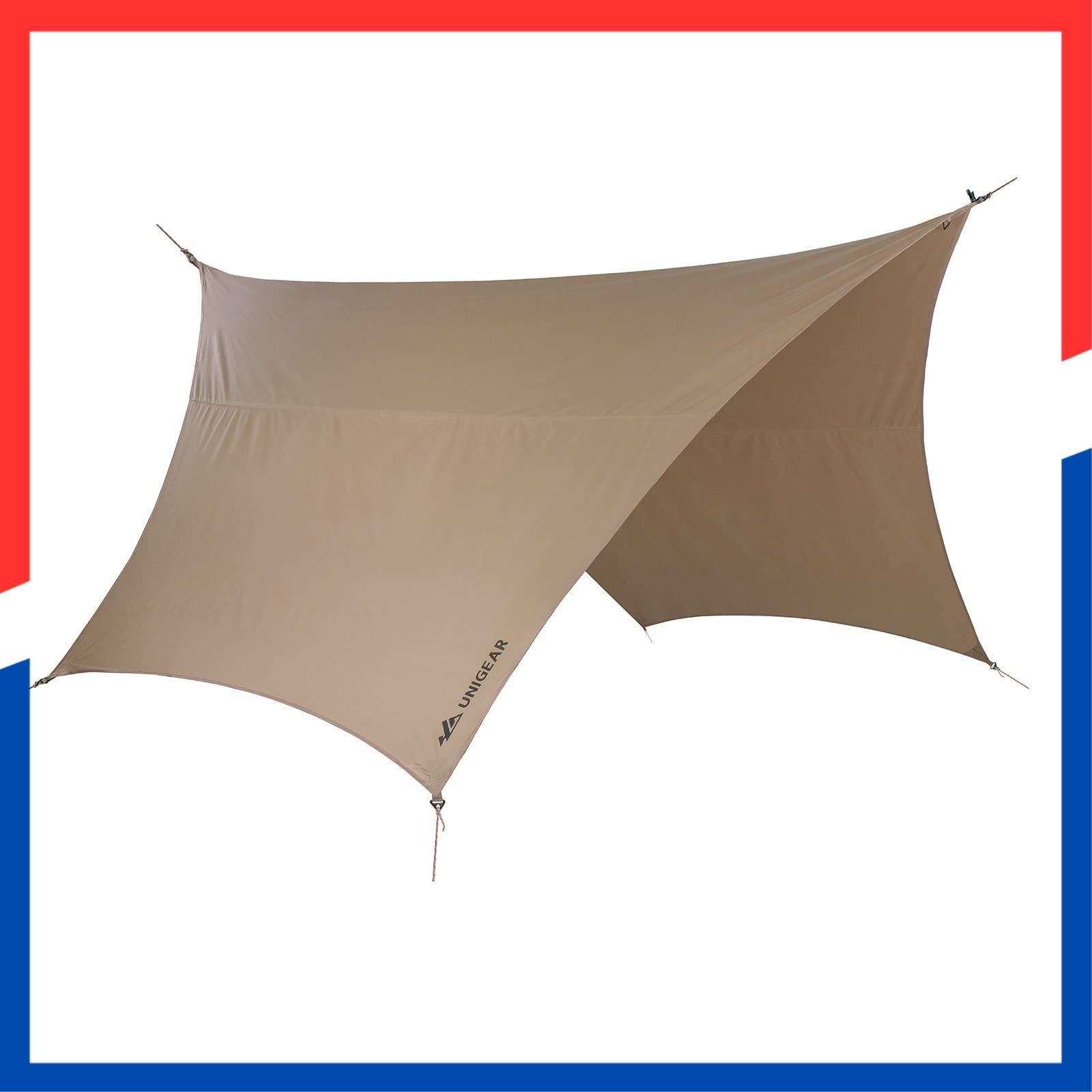 5m延長ベルト付き 4.2mx4.1m テントとの取り組み ポリコットン 焚き火 タープ 遮光 tcタープ 遮熱 難燃 軽量 ヘキサタープ コンパクト キャンプ アウトドア Unigear 420 410cm カーキ