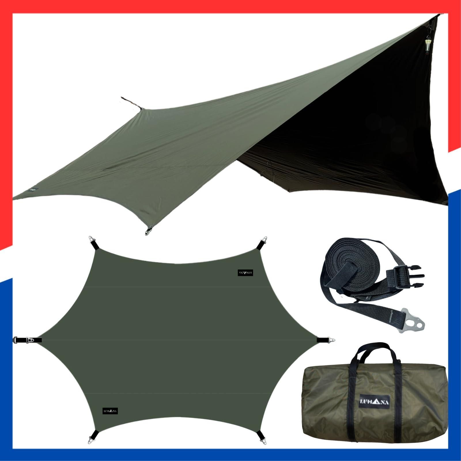 LUHANA タープ ヘキサタープ 難燃性ポリエステル 耐水圧8000mm ブラックコーティング 遮光 大型 5m延長ベルト付き 軽量 アーミーグリーン 難燃性ブラックコーティング 420×410cm