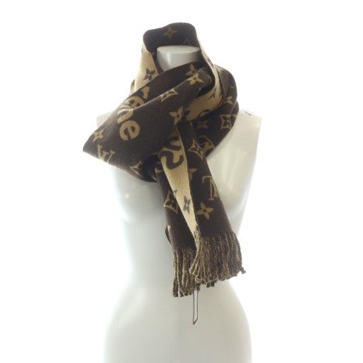  ルイヴィトン LOUIS VUITTON シュプリーム Supreme コラボ MP 1891 モノグラム エシャルプ マフラー ストール カシミヤ混 ウール 茶 ブラウン GY 18 MQ OH マフラー 小物