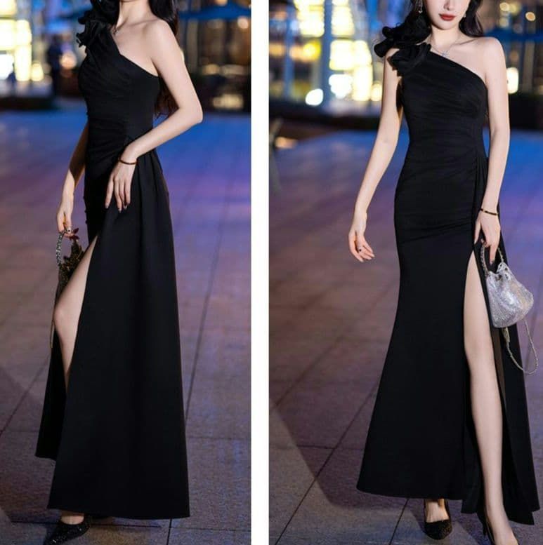 大胆スリットとワンショルダーが魅力のセクシーブラックドレス